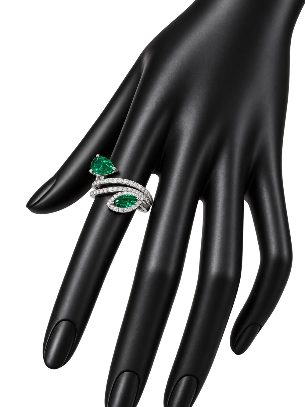 Emerald Green Double Pear Halo Ring - Women Jewelry